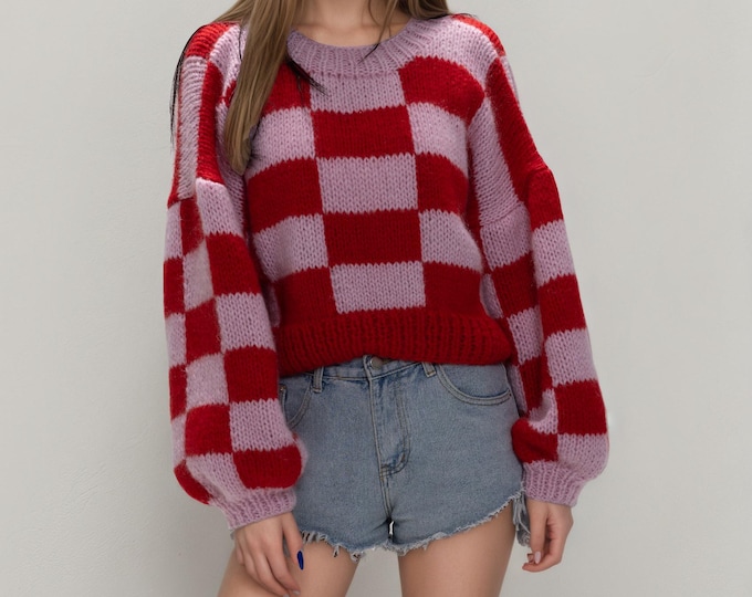 Hand knit woman sweater mohair Jumper knit striped sweater top pullover red block
