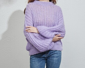 Hand knit woman sweater OVERSIZED mohair sweater top crewneck pullover sweater