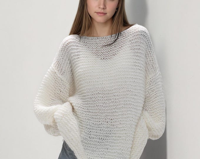 Hand knit woman sweater OVERSIZED mohair boatneck pullover long sweater top dress