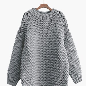 Hand knit oversize woman sweater Crew neck slouchy wool oats cream sweater Grey