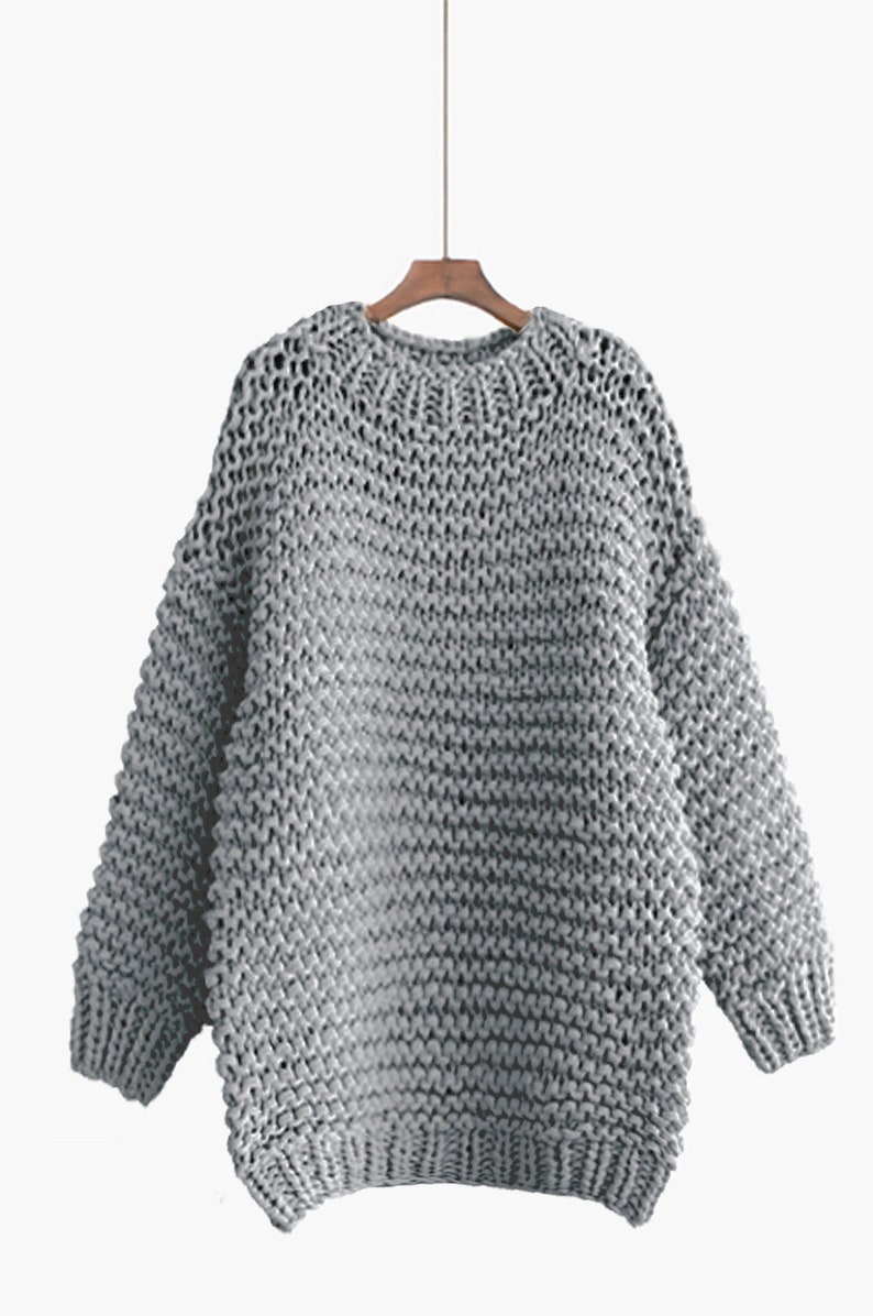 Hand knit oversize woman sweater Crew neck slouchy wool oats cream sweater Grey