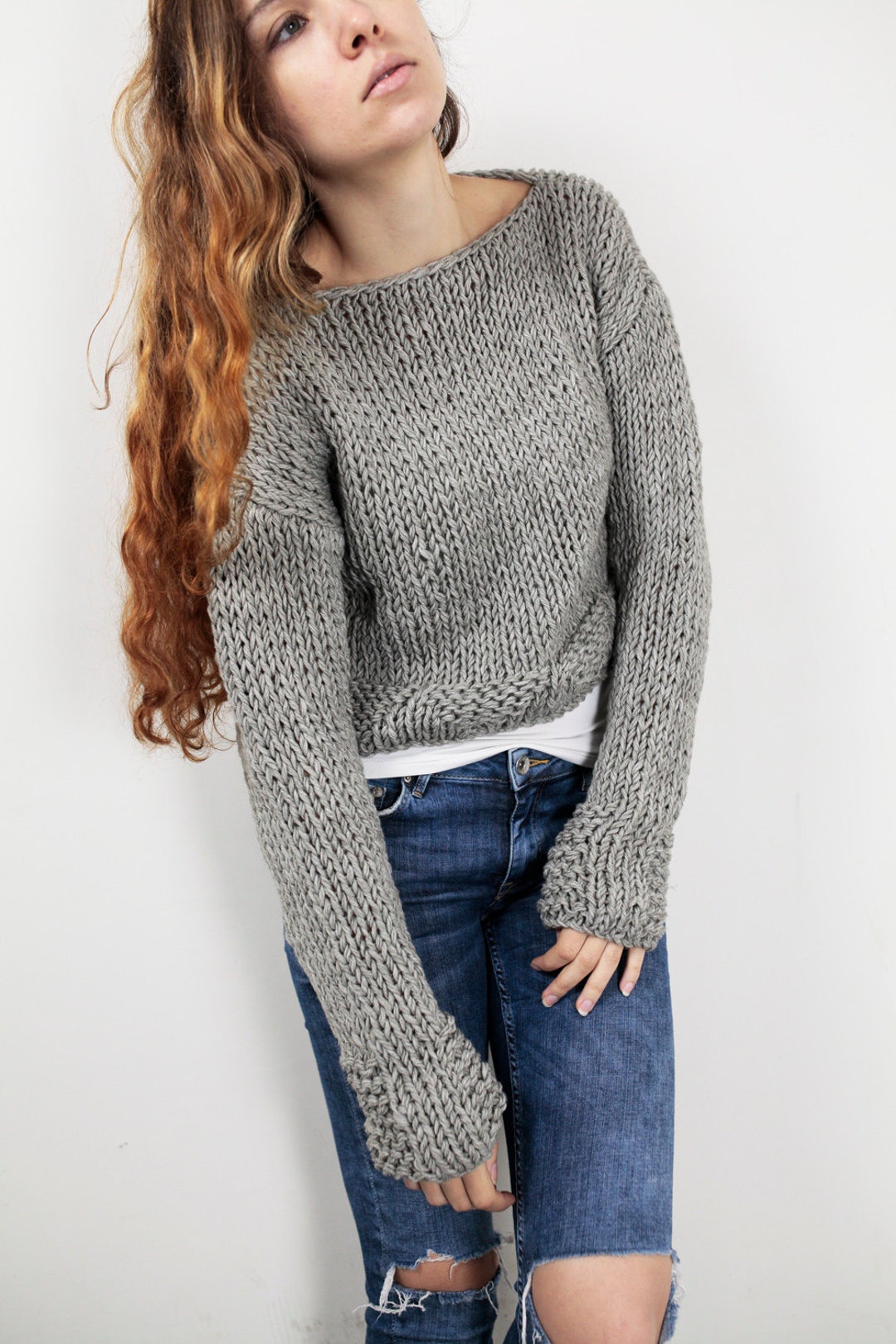 Hand Knit Woman Wool Sweater Cropped Top Grey Pullover Sweater - Etsy