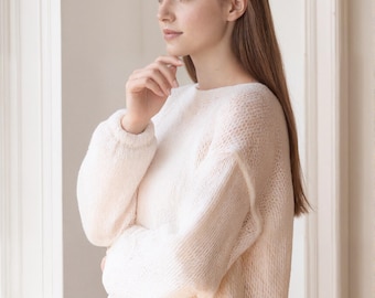 Hand Knit Mohair Wedding Sweater: White Cable Knit Cardigan