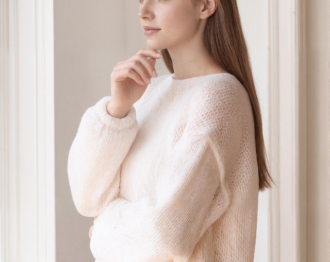 Hand knit woman sweater Mohair Sweater Wedding Sweater White Wool Jacket Bridal Sweater White Knitted Jumper White Bridal top