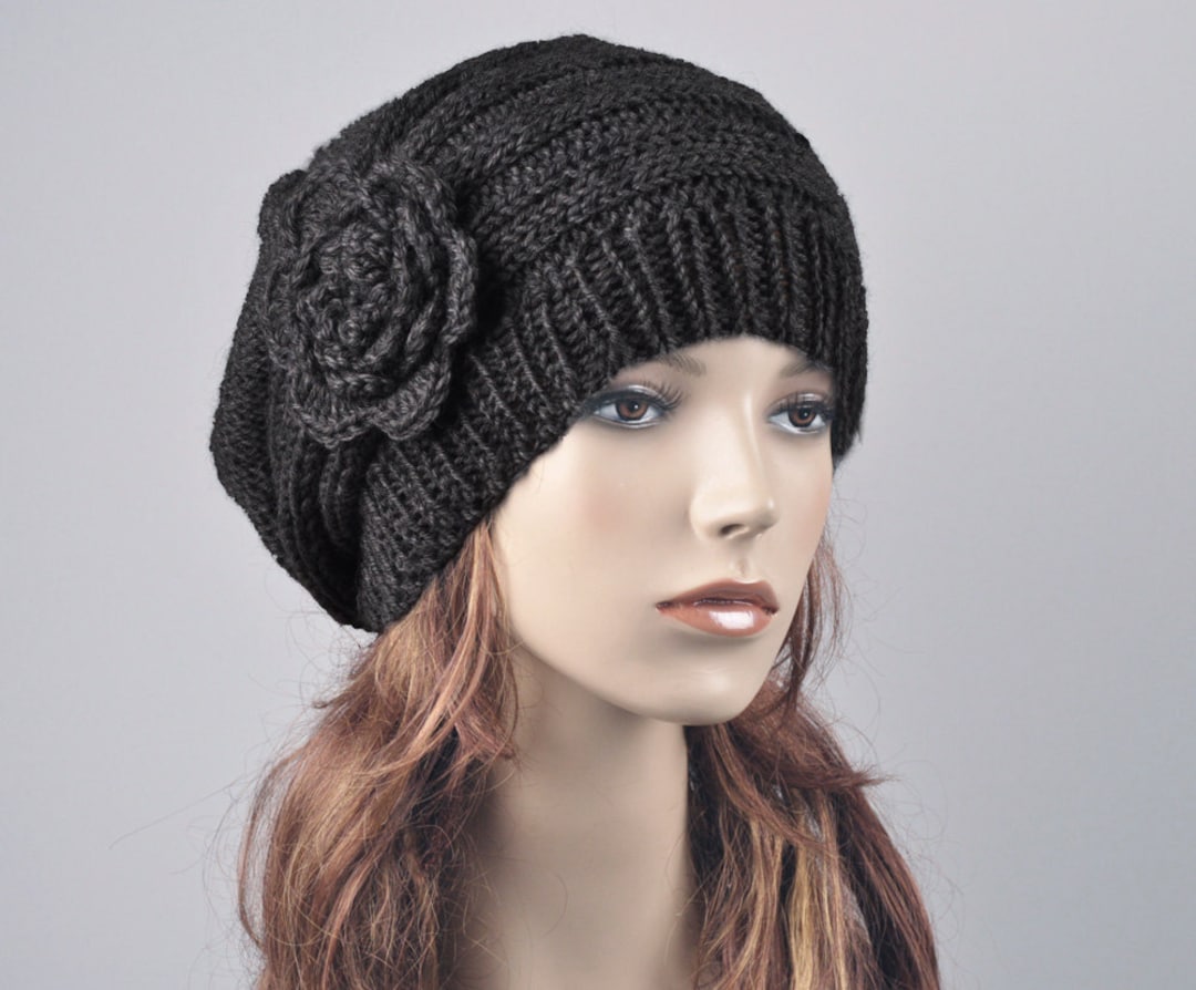 Hand Knit Hat Oversized Beret Hat With Crochet Flower Black Woman