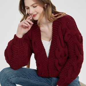 Hand knit oversize woman sweater chunky slouchy khaki cotton cable knit short cardigan
