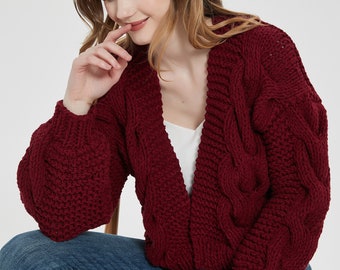 Hand knit oversize woman sweater chunky slouchy khaki cotton cable knit short cardigan