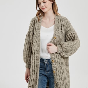 Hand knit woman long sweater mohair long cardigan sweater Khaki