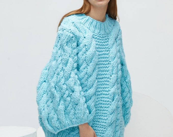 Hand knit woman long sweater OVERSIZED pure chunky wool yarn sweater top pullover Aqua