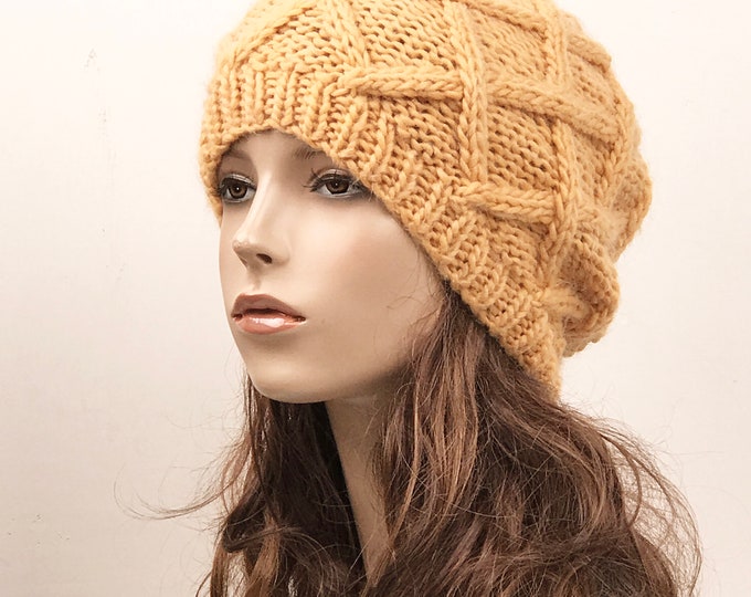 Hand Knit Hat woman hat winter hat wool Beret Hat yellow Beanie hat