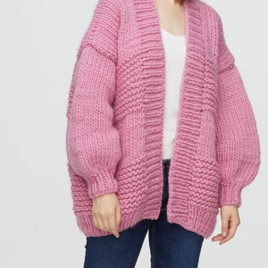 Knit sweater Hand knit oversize woman cardigan sweater chunky slouchy wool sweater Rose Pink