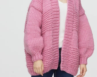 Knit sweater Hand knit oversize woman cardigan sweater chunky slouchy wool sweater Rose Pink