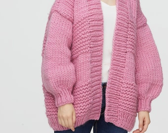 Hand Knit Chunky Wool Cardigan: Rose Pink Oversize Sweater