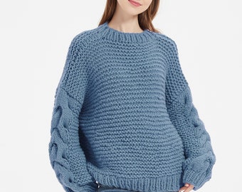 Hand knit sweater woman pullover alpaca oversize crewneck foggy blue sweater top