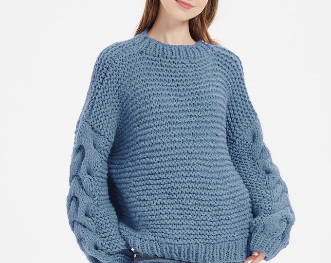Hand knit sweater woman pullover alpaca oversize crewneck foggy blue sweater top