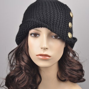 Hand knit wool hat woman beret Fold band hat in Black with button, wool hat, black hat