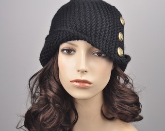 Hand knit wool hat woman beret Fold band hat in Black with button, wool hat, black hat