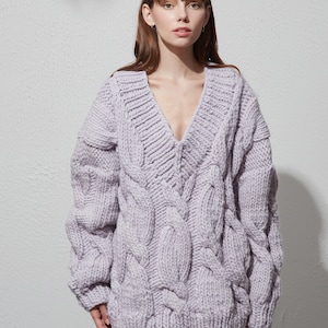 Hand Knit Merino Wool Cable Sweater: Lilac Oversized V-Neck Pullover