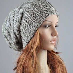 Hand knit hat woman winter hat Light Grey Chunky Wool Hat slouchy hat