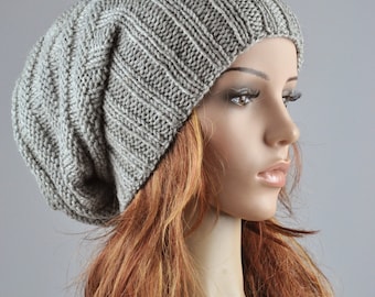 Hand knit hat woman winter hat Light Grey Chunky Wool Hat slouchy hat - ready to ship