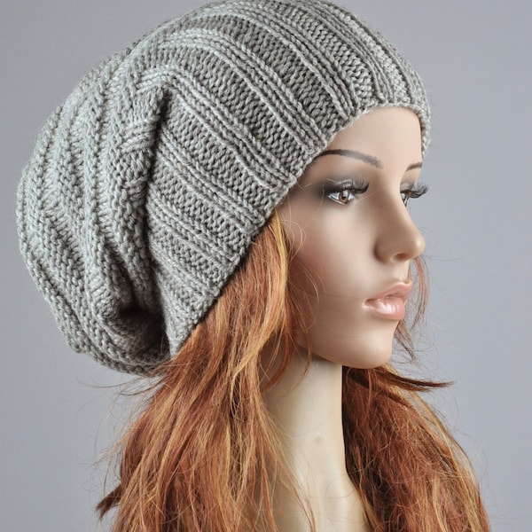 Hand Knit Light Grey Wool Slouchy Hat: Chunky Ribbed Beanie