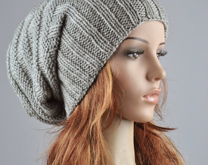 Hand knit hat woman winter hat Light Grey Chunky Wool Hat slouchy hat