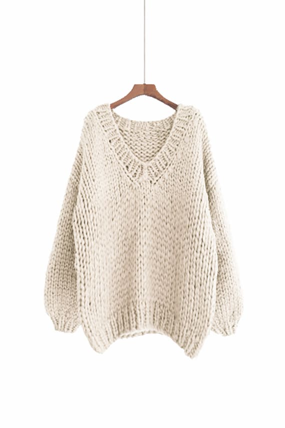 Hand Knit WOOL Oversize Woman Sweater V-neck Slouchy Sweater - Etsy