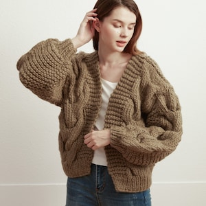 Hand knit oversize woman sweater chunky slouchy khaki wool cable knit short cardigan