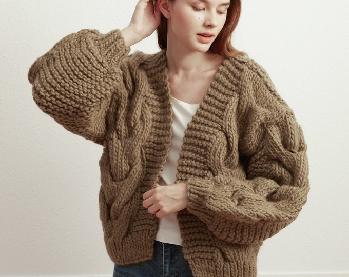 Hand knit oversize woman sweater chunky slouchy khaki wool cable knit short cardigan