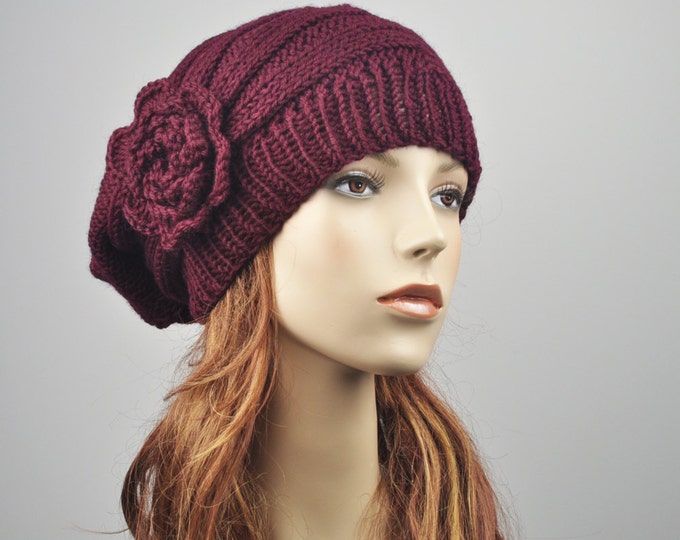 Hand Knit Hat - Oversized  woman wool hat Beret Hat crochet flower Burgundy hat