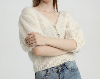Hand knit woman sweater mohair Light weight short cardigan puff sleeve sweater top White Cream
