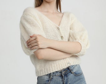 Tricot à la main femme pull mohair Poids léger court cardigan puff sleeve pull top Blanc Crème