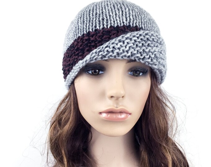 Hand knit hat woman hat Fold band hat grey hat contrast band wool hat