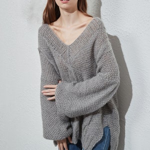 Hand knit oversize woman sweater crewneck slouchy mohair pullover cable knit sweater image 6