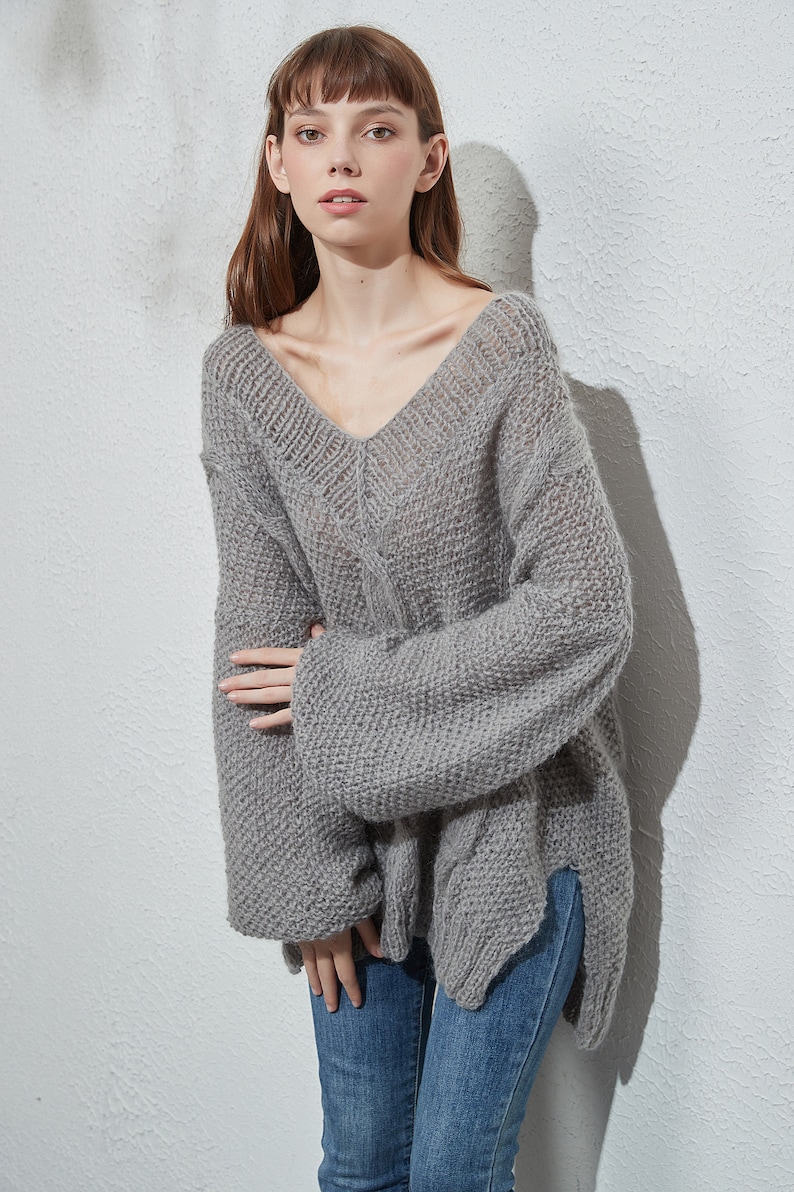 Hand knit oversize woman sweater crewneck slouchy mohair pullover cable knit sweater image 6