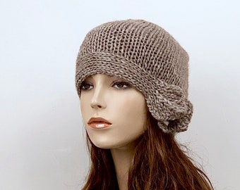 Hand Knit woman wool Hat Beret Hat with side band almond hat