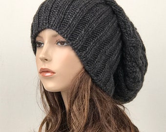 Hand knit woman man unisex hat - Oversized Chunky Wool Hat, slouchy hat, charcoal hat, winter hat