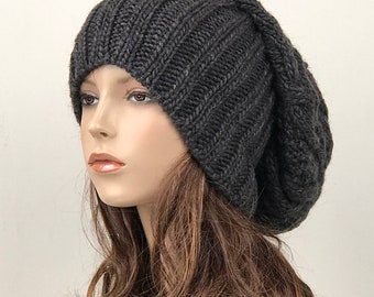 Hand Knit Oversized Wool Slouchy Hat - Charcoal Winter Beanie