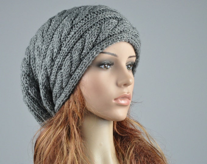Hand knit hat woman men unisex Charcoal hat slouchy hat cable beret hat