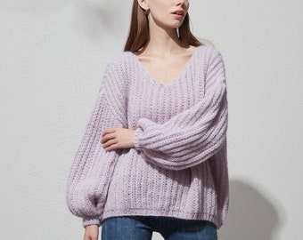 Hand knit sweater mohair oversize woman pullover sweater V-neck slouchy cable knit sweater