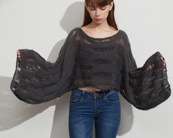 Hand knit oversize mohair cropped sweater Little shrug cover up top charcoal