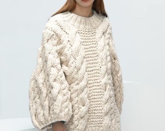 Hand knit woman long sweater OVERSIZED pure chunky wool yarn sweater top pullover Aqua