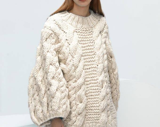 Hand knit woman long sweater OVERSIZED pure chunky wool yarn sweater top pullover Aqua