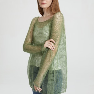 Hand Knit Mohair Sweater: Loose Knit Green Pullover Top