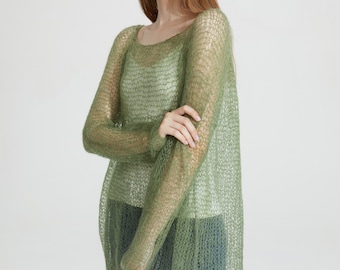 Hand knit woman sweater mohair loose knit long sweater top pullover Green