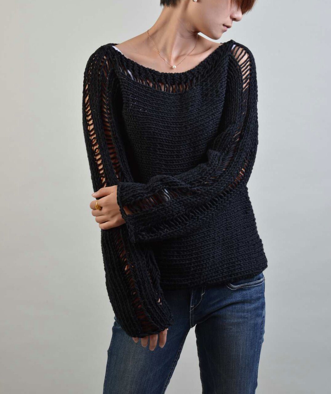 Hand Knit Woman Sweater Eco Cotton Sweater in Black - Etsy