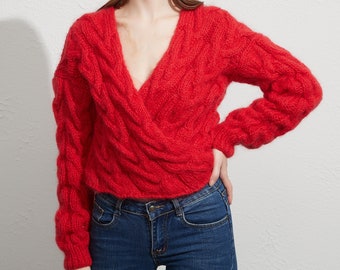 Hand knit oversize woman sweater Cross front  knit pullover mohair red sweater