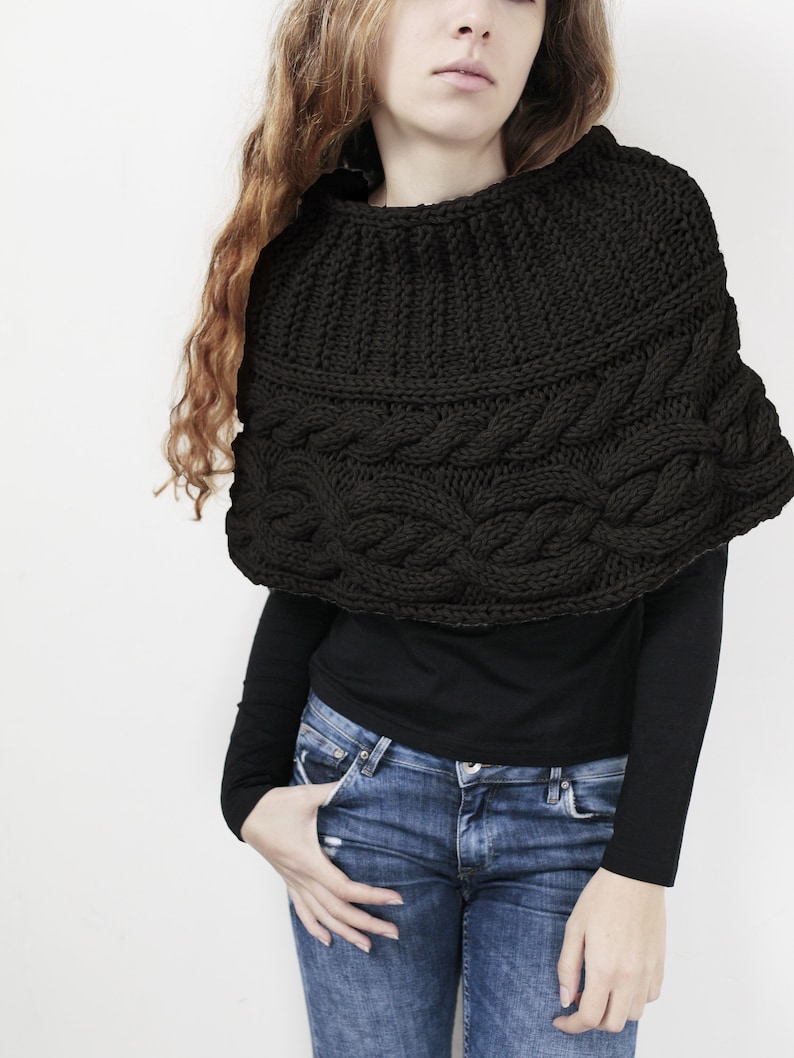 Hand knit woman poncho charcoal capelet Chunky Neck Warmer/Cowl/Tube Scraf cable pattern image 7