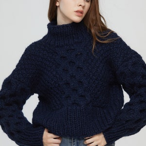 Hand knit oversize woman sweater crewneck mohair pullover cable knit navy sweater