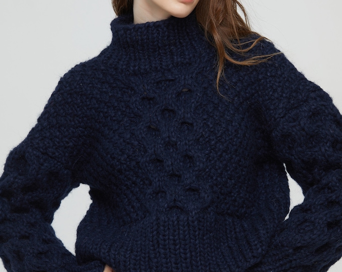 Hand knit oversize woman sweater crewneck mohair pullover cable knit navy sweater